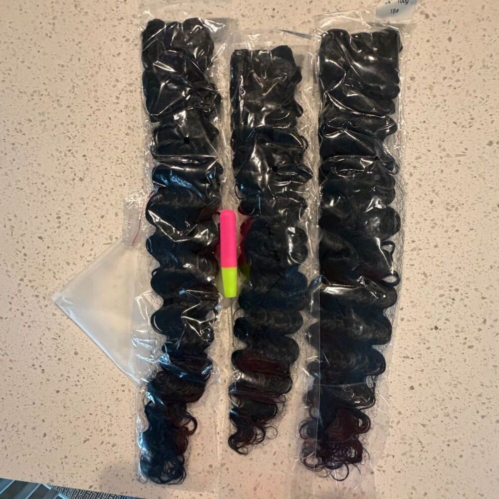 NWT 24in Deep Wave Synthetic Hair Extensions 1B 3 Double Weft Bundles